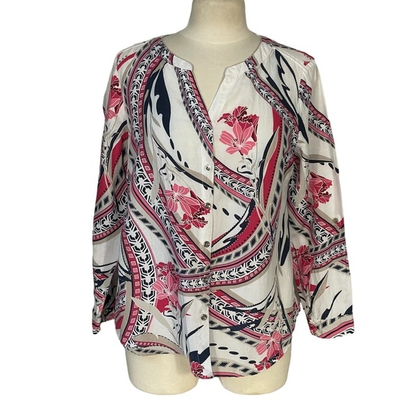 JM Collection Linen Blend Ivory Pink Navy Floral Long Sleeve Button Blouse Sz S - Picture 1 of 10